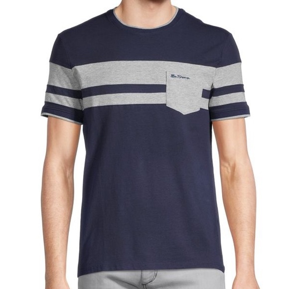 Ben Sherman Large Tee Shirt Crew Patch Pocket Blue White Stripe Navy Blue NWT - Picture 2 of 11